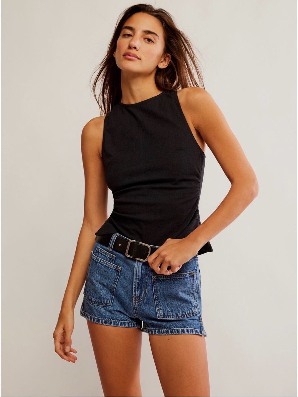 Free People Kaylor Backless Top Black Peplum Tank Cutout Tie-Back Linen Blend - Picture 2 of 11